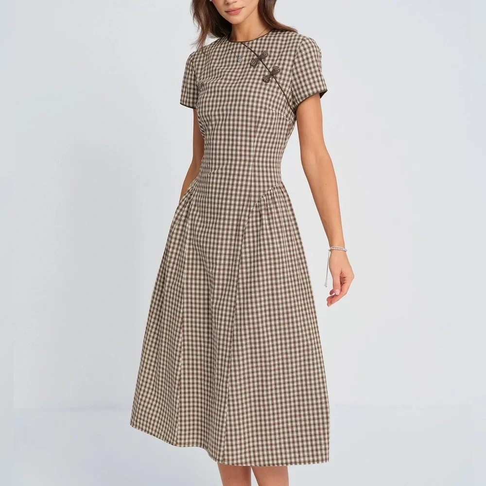 RIHOAS Brown and Cream Gingham Midi Dress - Picture 3 of 7